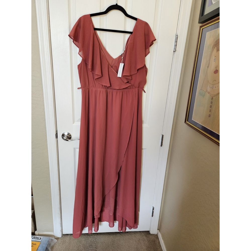 NWT Baltic Born Pink "Katya" Ruffle V-Neck Hi-Low Hem Maxi Dress, FLAW, Plus 3XL